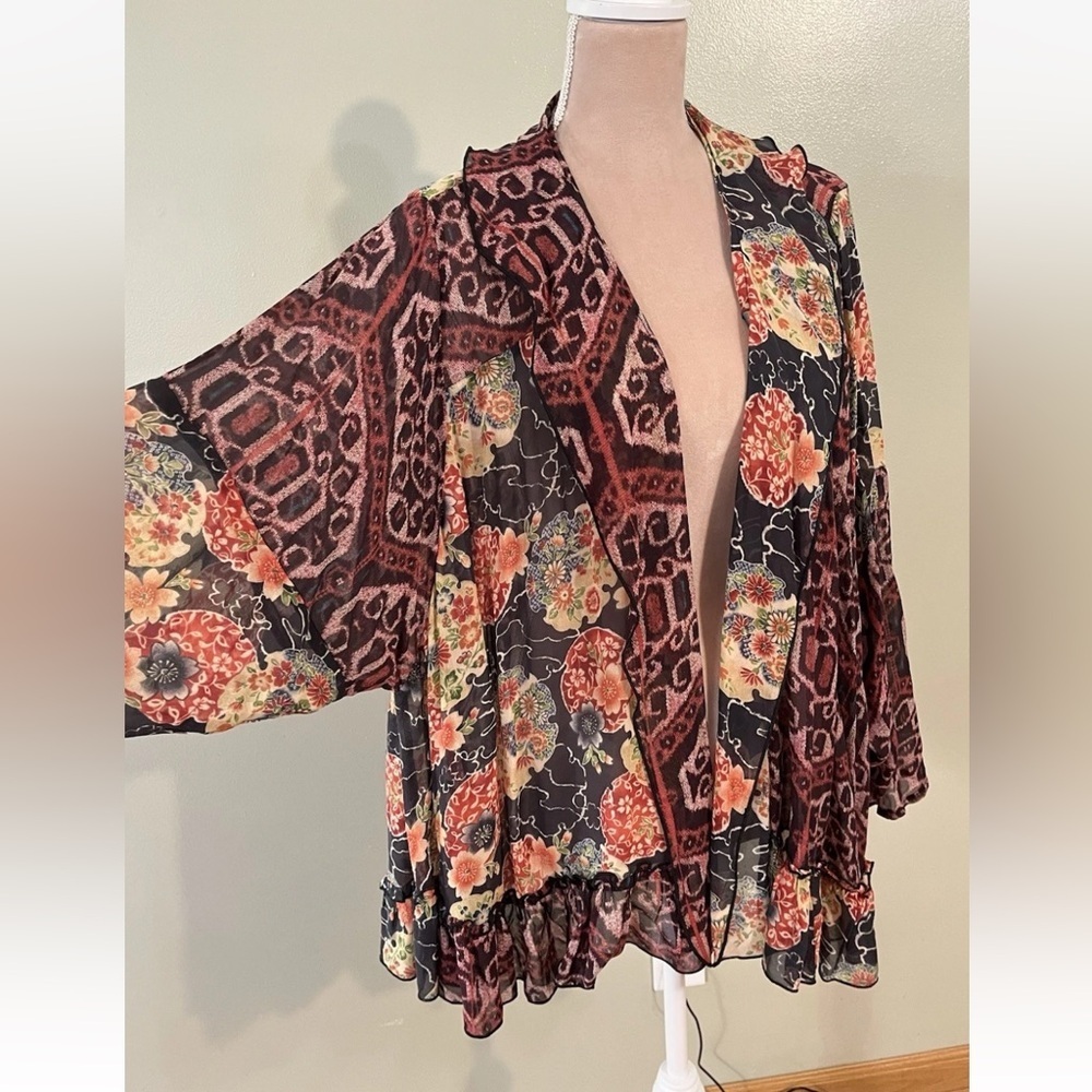 URU Made In USA 100% Silk Open Kimono Top Color Block Artsy Festival Boho OS